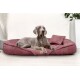 Ein grauer Weimaraner-Hund, der auf einem plüschigen, burgunderfarbenen Hundebett mit einem kleinen passenden Kissen liegt, vor einer hellen Wand.