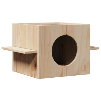 Katzenhaus naturfarben Holzwürfelförmiges Haustierhaus mit rundem Eingang und zwei seitlichen Plattformen, naturbelassene Holzoptik.
