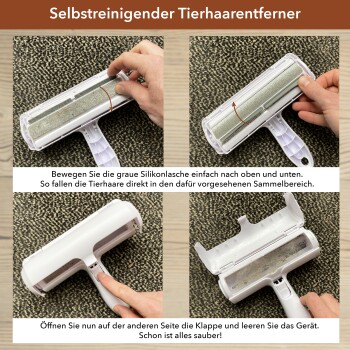 Selbstreinigender Haustierhaarfänger mit Anweisungen auf Deutsch, die zeigen, wie man die Silikonlasche verwendet und den Sammelbereich leert.