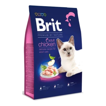 Katzenfutterbeutel mit einer weißen Katze mit blauen Augen, beschriftet mit 'Brit Premium by Nature', mit 'Erwachsenen-Huhn' und 'delikate Rezeptur für erwachsene Katzen.'