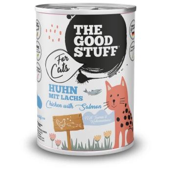 Dose Katzennahrung mit der Aufschrift THE GOOD STUFF, Für Katzen, HUHN MIT LACHS (Huhn mit Lachs); Abbildung einer orange gefleckten Katze.