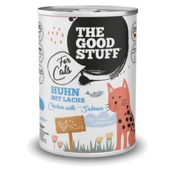 Dose Katzennahrung mit der Aufschrift THE GOOD STUFF, Für Katzen, HUHN MIT LACHS (Huhn mit Lachs); Abbildung einer orange gefleckten Katze.