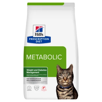 Sac de nourriture pour chats Hill's Prescription Diet METABOLIC — «Weight and Diabetes Management», recommandé par les vétérinaires, image d'un chat tigré