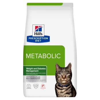 Hill's Prescription Diet METABOLIC Katzenfuttersack — 'Weight and Diabetes Management', von Tierärzten empfohlen, Bild einer getigerten Katze.