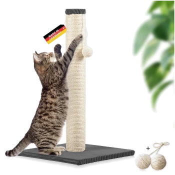 Getigerte Katze kratzt an einem hohen beigen Sisal-Kratzbaum mit "Made in Germany"-Etikett und zwei zusätzlichen Sisalbällen.