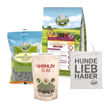 Bellfor-Hundefutterprodukte: "Landgut-Happen mit Insekten" Beutel, "Shiimun Slim" Paket und Tragetasche mit der Aufschrift "HUNDE LIEB HABER."