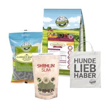 Bellfor-Hundefutterprodukte: "Landgut-Happen mit Insekten" Beutel, "Shiimun Slim" Paket und Tragetasche mit der Aufschrift "HUNDE LIEB HABER."