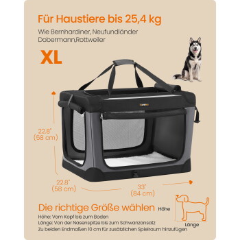 Graue, weichwandige XL-Hundebox mit Netzfenstern, 33 x 22,8 in (84 x 58 cm); sichtbarer Text: 'Für Haustiere bis 25,4 kg'.