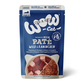 Premium-Katzenfutterbeutel mit der Aufschrift "WOW Cat", der Pastete aus Wild und Kaninchen enthält, geeignet für ältere Katzen, getreidefrei.
