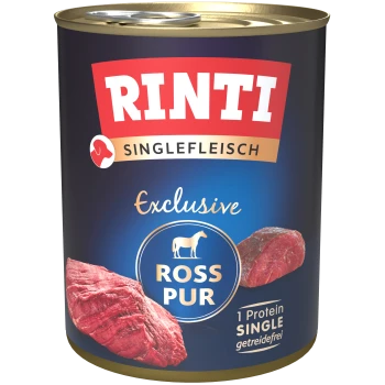 Dosenfutter für Haustiere "RINTI SINGLEFLEISCH Exclusive Ross Pur" mit Bildern von rohem Fleisch und Texten "1 Protein SINGLE" und "getreidefrei."