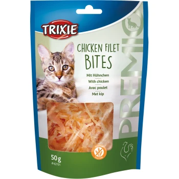Trixie Hähnchenfilet-Bites Verpackung mit Nahaufnahme einer getigerten Katze, klarem Fenster, das die Leckerlis zeigt, und glutenfreiem Symbol. 50 g.