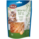 Opakowanie Trixie Chicken Filet Bites z bliskim ujęciem kota tabby, przezroczystym oknem pokazującym smakołyki i symbolem bezglutenowym. 50 g.