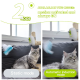 Graue langhaarige Katze neben wandmontiertem Feder-Spielzeug. Sichtbarer Text: „2 MODI: bewegungsaktiviert & dauerhaft AN“.