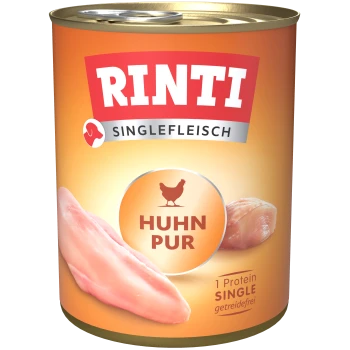 Dosen-Haustierfutter mit der Aufschrift "Rinti Singlefleisch Huhn Pur", mit rohen Hühnerstücken auf der Vorderseite, das einzelnes Protein und getreidefrei betont.