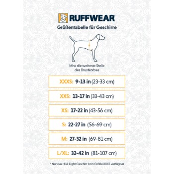 Ruffwear Größentabelle für Hundegeschirre, die Maße in Zoll und Zentimetern für die Größen XXXS bis L/XL zeigt, mit einer Hundillustration.