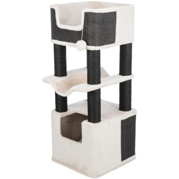 Katzenbaum mit mehreren Ebenen, ausgestattet mit einer gemütlichen oberen Plattform, Kratzpfosten und einem versteckten Fach, in sanften Beige- und Schwarztönen.