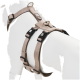 Beiges verstellbares Hundegeschirr mit Metall-D-Ringen und schwarzen Schnallen (weißem Logo-Schriftzug), dargestellt an einer weißen Schaufensterpuppe.