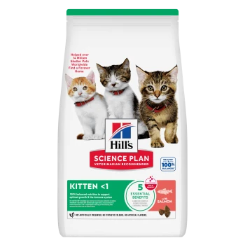 Hill's Science Plan kittenvoerzak met drie kittens; labels: 'Kitten <1', 'Science Plan', '5 essentiële voordelen', 'met zalm'.