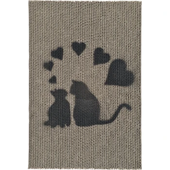 Ein strukturierter Kratzbaum für Katzen mit Silhouetten einer Katze und eines Kätzchens, umgeben von Herzformen, die die Liebe zwischen Haustieren symbolisieren.