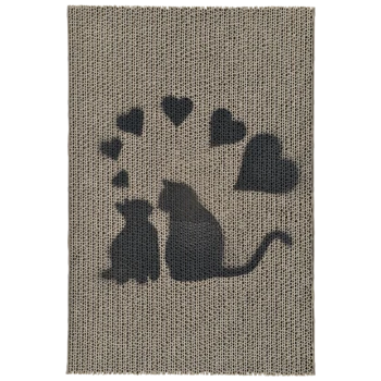 Ein strukturierter Kratzbaum für Katzen mit Silhouetten einer Katze und eines Kätzchens, umgeben von Herzformen, die die Liebe zwischen Haustieren symbolisieren.