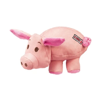 Un jouet en peluche rose en forme de cochon avec des oreilles tombantes et une queue bouclée, portant une étiquette avec le logo KONG sur le côté.