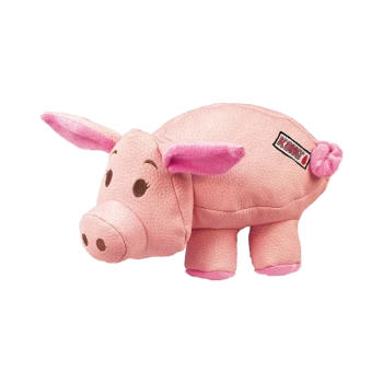 Un jouet en peluche rose en forme de cochon avec des oreilles tombantes et une queue bouclée, portant une étiquette avec le logo KONG sur le côté.