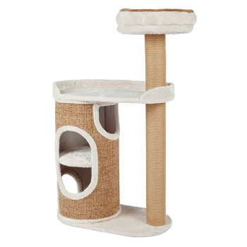 Katzenbaum mit einem Kratzbaum, zwei Ebenen und gemütlichen Verstecken, mit einem weichen beige und Naturfaser-Design.