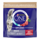 Sac de nourriture pour chat Purina ONE Bifensis Adulte 1,5 kg avec chat tigré gris, morceaux de bœuf et blé, étiquette française 'Élaboré avec du bœuf'.