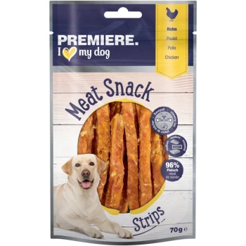 Hühnerbrust in Streifen 5x70g Verpackung von Premiere I Love My Dog Fleischsnack-Streifen mit Hühnchen-Geschmack, 70g, mit 96% Fleischgehalt.