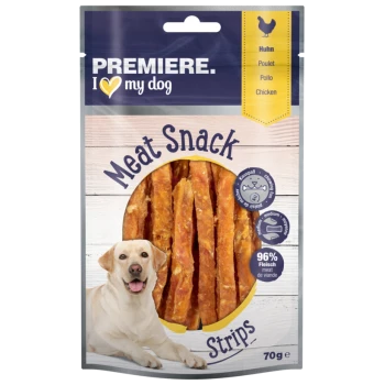 Premiere I Love My Dog Meat Snack Strips packaging featuring chicken-flavored treats, 70g, with 96% meat content.