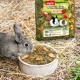 Ein grauer Kaninchen, das aus einer weißen Schüssel mit Heu und getrockneten Apfelstücken frisst, neben einem Beutel PANTO Premiumhay, der mit 'Apfelwiese' beschriftet ist.