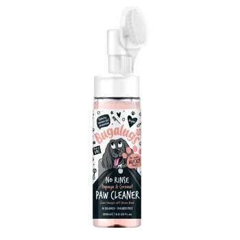 Flasche Bugalugs No Rinse Papaya & Kokos Pfotenreiniger mit Silikonbürste für Hunde, 200 ml, vegan und parabenfrei.