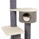 Ein grauer und beiger Katzenbaum mit zwei Plattformen und einem gemütlichen Versteck mit einem runden Eingang, entworfen für das Spielen und Ausruhen von Haustieren.
