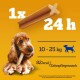 Ein Cocker Spaniel, der einen Zahnpflege-Snack kaut, mit dem Hinweis '1x 24 h', geeignet für Hunde mit einem Gewicht von 10-25 kg, enthält 82 kcal.