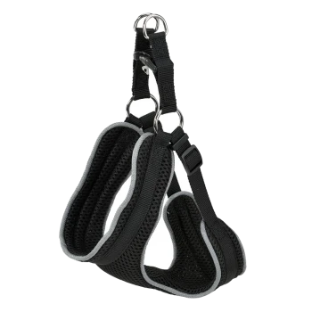 Harnais pour animaux de compagnie noir avec un design en maille respirante et un bord gris réfléchissant, avec des sangles ajustables et des anneaux en D en métal.