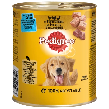 Dosen-Hundefutter von Pedigree, mit einem gelben Etikett, das '100% Komplett' und '100% Recycelbar' angibt, mit 51% Fleischgehalt.