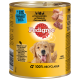Blik hondenvoer van Pedigree, met een geel etiket, dat '100% Compleet' en '100% Recyclebaar' vermeldt, met 51% vleesgehalte.