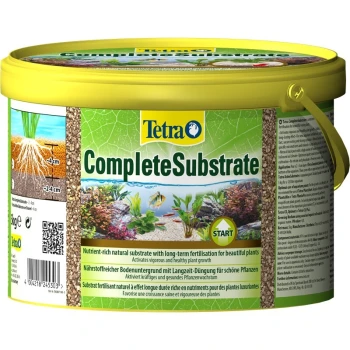 Tetra CompleteSubstrate container, 3 kg, met een levendig ontwerp met waterplanten en vissen, gelabeld als voedingsrijk voor gezonde plantengroei.