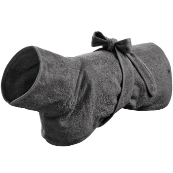 Ein dunkelgraues Haustierhandtuch mit Kapuze und Bindegürtel, entworfen, um Hunde nach Bädern oder Aktivitäten im Freien warm und trocken zu halten.