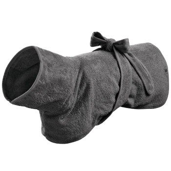 Ein dunkelgraues Haustierhandtuch mit Kapuze und Bindegürtel, entworfen, um Hunde nach Bädern oder Aktivitäten im Freien warm und trocken zu halten.