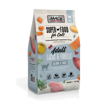 MAC's Super Food für Katzen, 1,5 kg Beutel, mit Lachs und Forelle, mit Zutaten wie Süßkartoffeln und Cranberries.