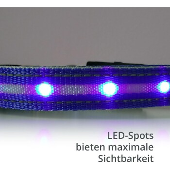 LED-Hundehalsband mit blauen und weißen Lichtern, mit dem Text "LED-Spots bieten maximale Sichtbarkeit" auf Deutsch.