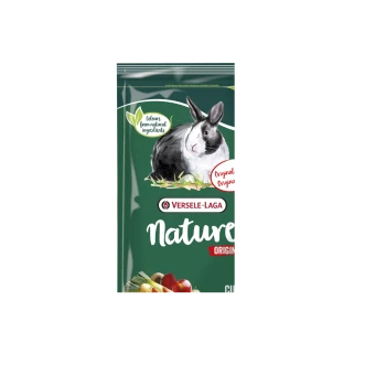 Een zak Versele-Laga Nature Original konijnenvoer met een zwart-witte konijnenillustratie en zichtbare groenten en granen.