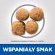 Cztery brązowe granulki karmy dla zwierząt ułożone w okrąg, z napisem "WSPANIAŁY SMAK" i "Przybliżona wielkość krokieta 14 x 14mm" poniżej.