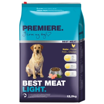 Dog food bag with a yellow labrador, labeled "PREMIERE. I love my dog," showing 45% chicken, 9.5% fat, 12.5kg.