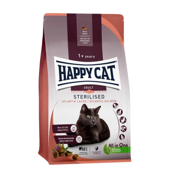 Happy Cat Adult Sterilised Hundefutterbeutel mit einer schwarzen Katze, beschriftet mit "Atlantik Lachs" und Nährwertangaben.