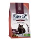 Sac de nourriture pour chats Happy Cat Adult Sterilised avec un chat noir, étiqueté "Atlantik Lachs" (Saumon Atlantique) et détails nutritionnels.