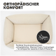 Orthopädisches Hundebett mit Memory-Schaum-Technologie, ausgestattet mit einer plüschigen, strukturierten blauen Schlafoberfläche und gepolsterten Seitenstützen.