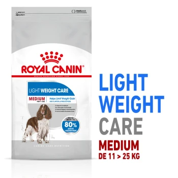 Sac de nourriture pour chiens Royal Canin Light Weight Care, conçu pour les chiens de taille moyenne (11-25 kg), avec une illustration de chien et affirmant aider à limiter la prise de poids.