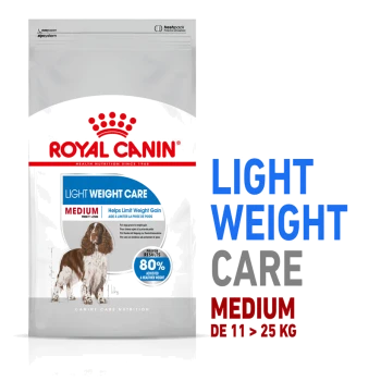 Sac de nourriture pour chiens Royal Canin Light Weight Care, conçu pour les chiens de taille moyenne (11-25 kg), avec une illustration de chien et affirmant aider à limiter la prise de poids.